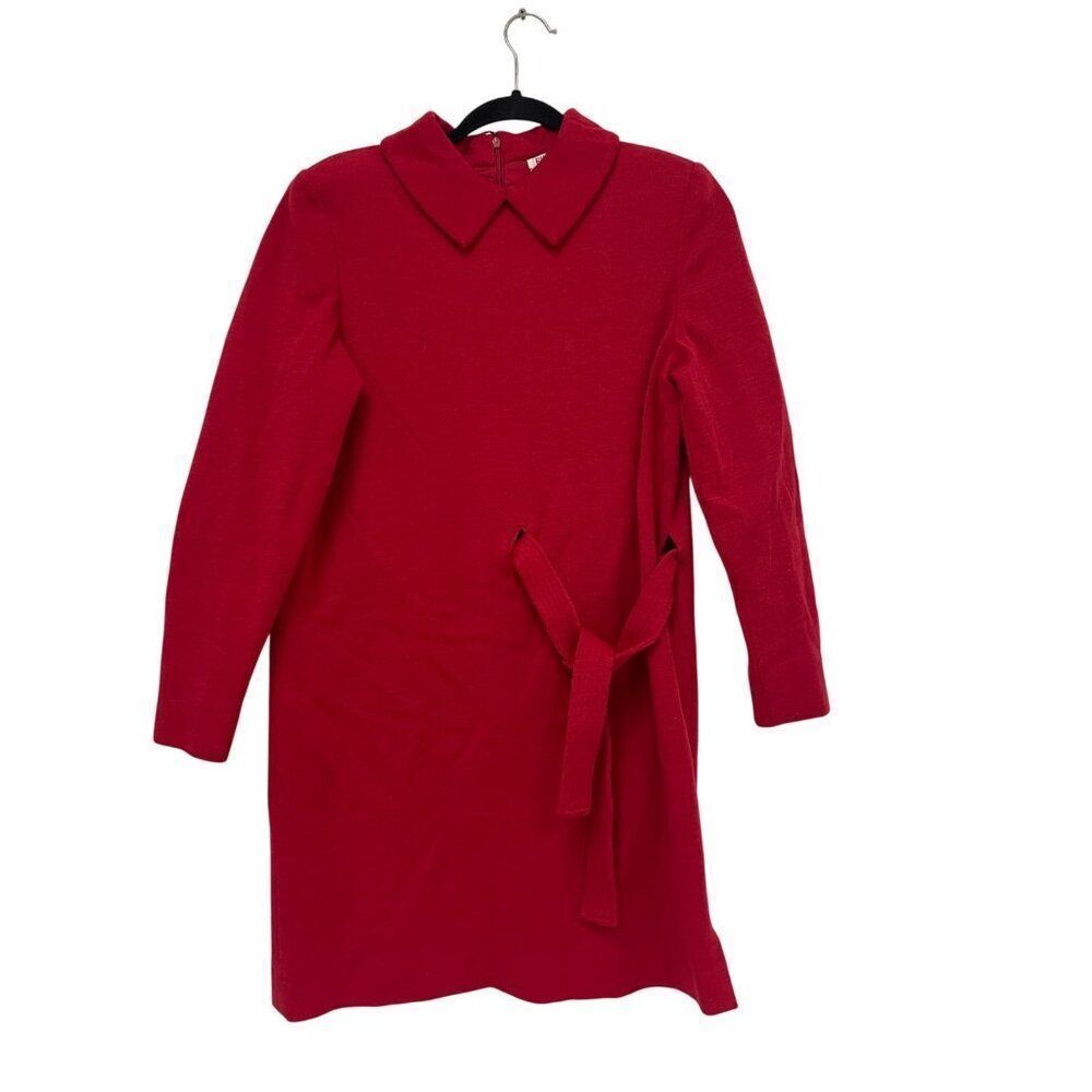 Vintage Bill Blass Womens Dress L Shift Red Tie Waist Zip Collared Long Sleeve